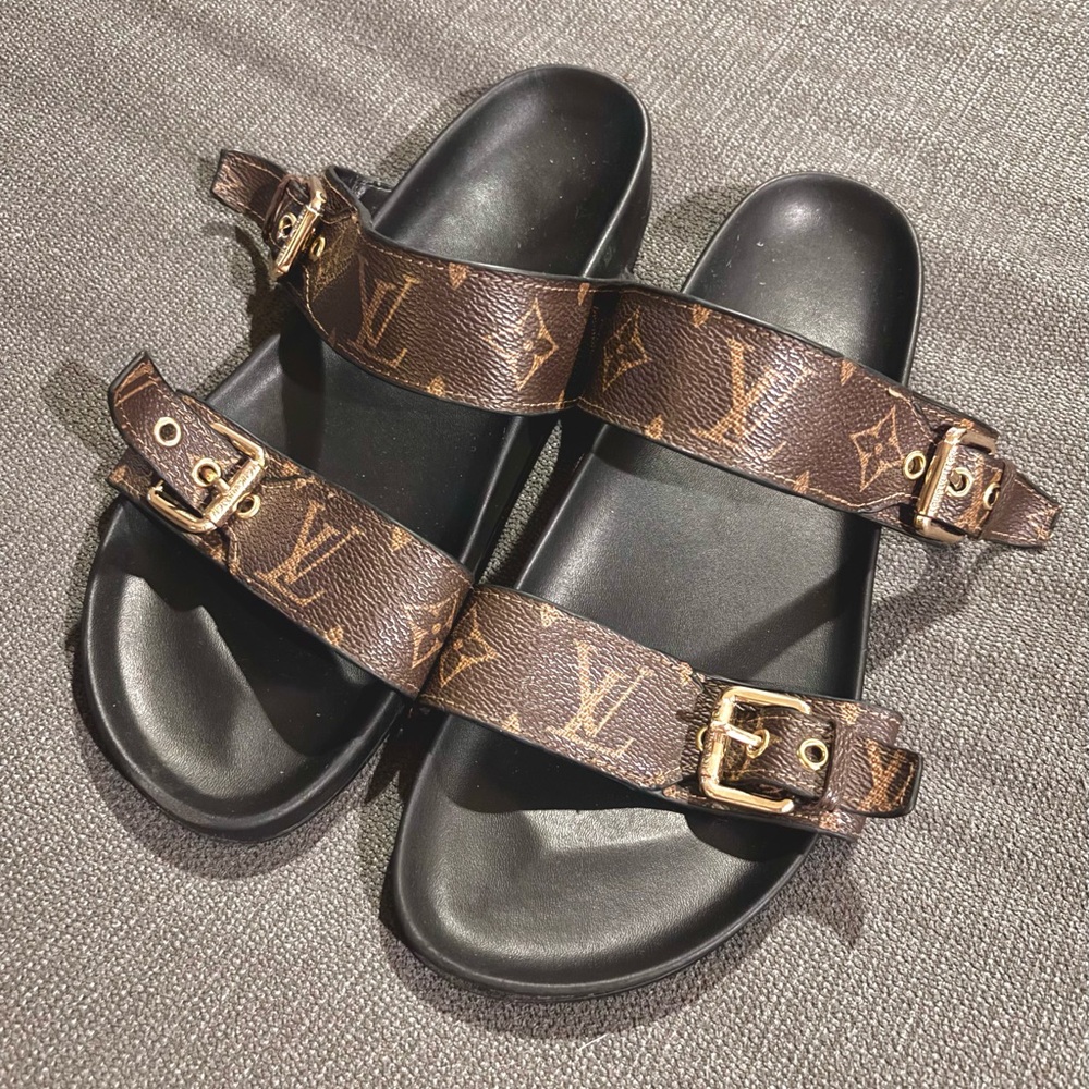 Louis Vuitton Brown Monogram Sandals with Gold Buckles